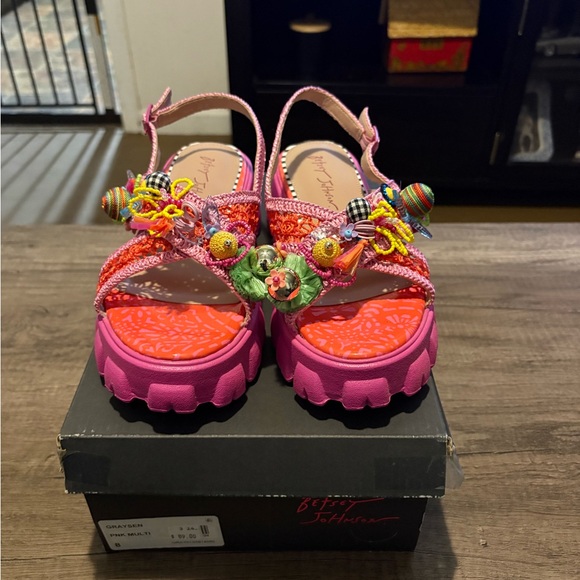 Betsey Johnson Colorful Charm Platform Sandals | Pink Multi Beaded | Size 8 - Picture 7 of 11